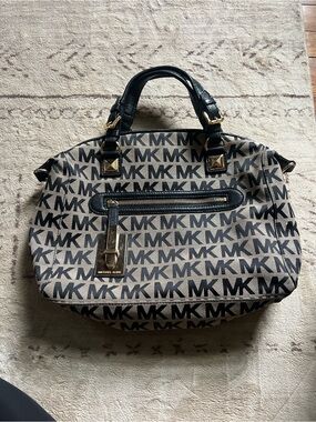 Michael Kors Calista Tan and Black MK Logo Satchel with Gold Hardware